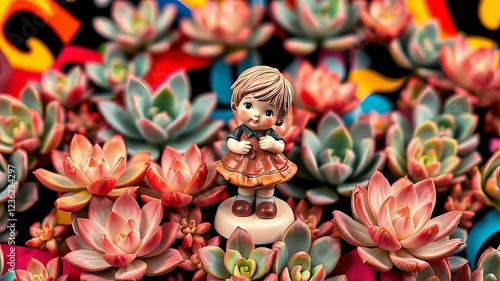Vibrant Hummel Figurine on Sempervivum Pattern Background AI Art
