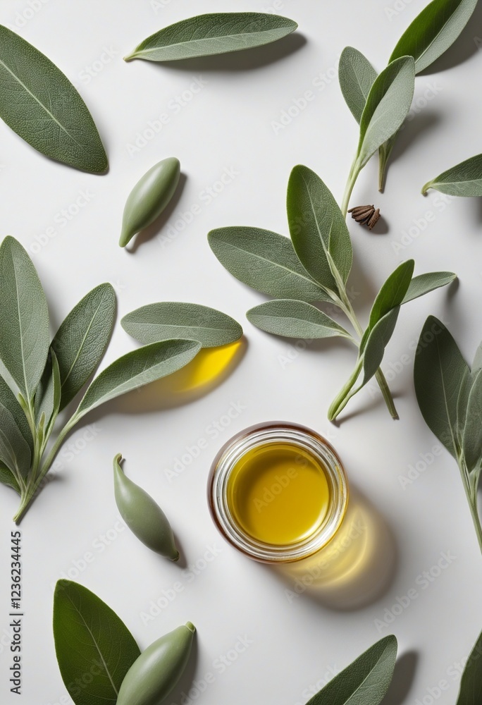 Aromatic Green Sage Oil in Bottles with Fresh Leaves on a White Table, Ideal for Natural Wellness and Aromatherapy Aromatic Green Sage Oil in Bottles with Fresh Leaves on a White Table, Ideal for Natural Wellness and Aromatherapy
