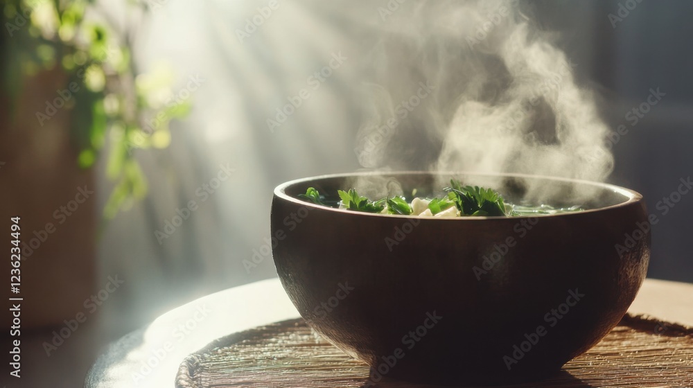 Steaming bowl of nourishing bone broth with fresh herbs and vegetables, healthy and comforting meal concept, perfect for wellness, detox, and culinary themes.