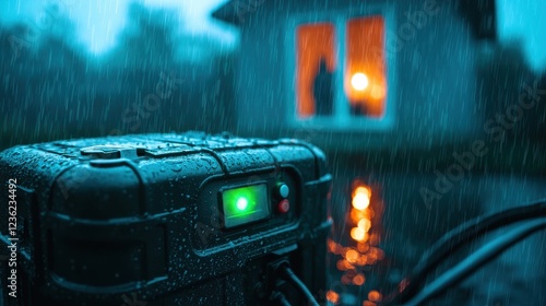 A close-up shot of a portable emergency generator actively supplying power to a home during a storm. Raindrops glisten on the metal casing, and an LED indicator glows green, signaling proper