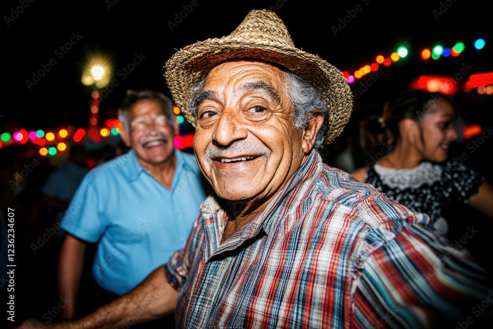 Fototapeta premium Elderly Man Joyfully Celebrating at Night Festivities 