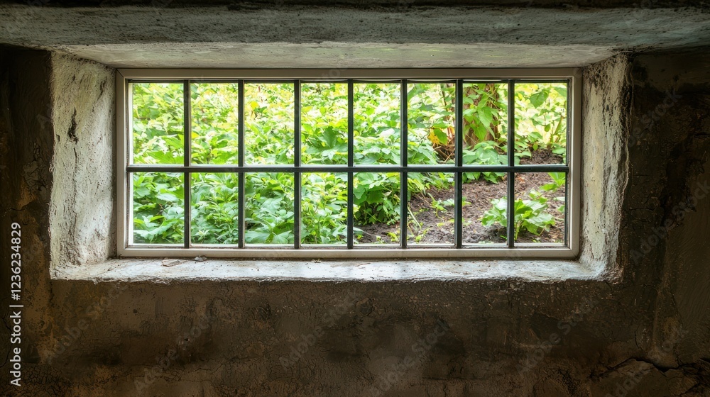 Obraz premium A basement window with bars, looking out at a small garden or backyard, providing a view from below ground.