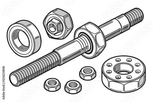 Metal machine parts, mechanical components, industrial hardware, stainless steel, bolts, nuts, screws, fittings, precision engineering, automotive parts, aerospace components, high-resolution detail, 