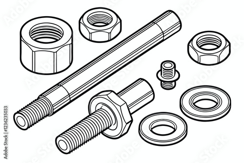 Metal machine parts, mechanical components, industrial hardware, stainless steel, bolts, nuts, screws, fittings, precision engineering, automotive parts, aerospace components, high-resolution detail, 