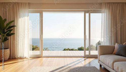 Open Window with Curtains and Ocean View in Luxury Living Room