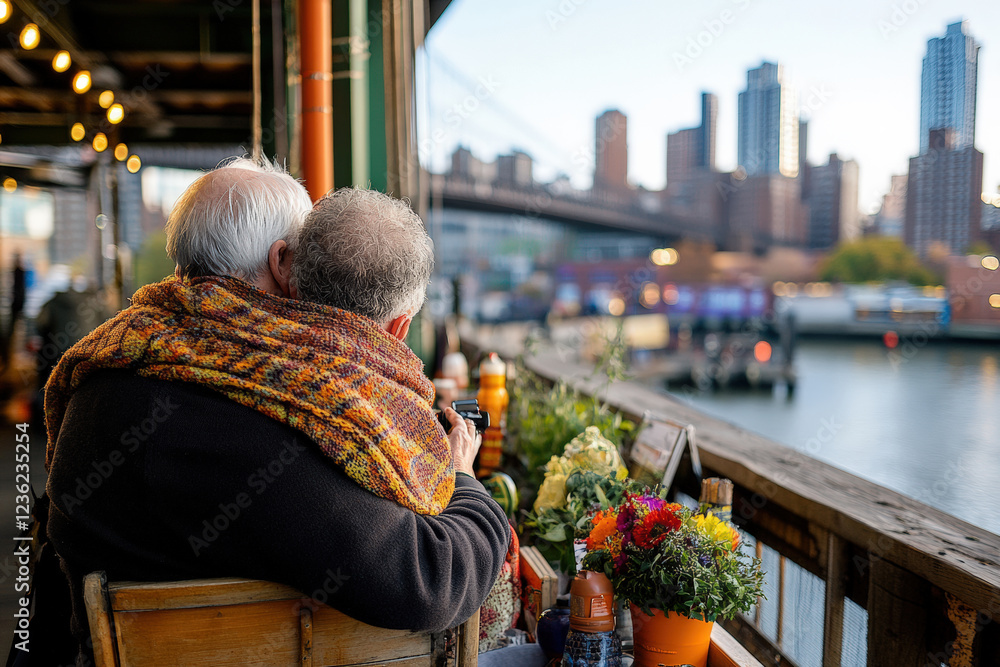 Naklejka premium Senior Couple Enjoying Cityscape on Balcony 