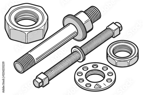 Metal machine parts, mechanical components, industrial hardware, stainless steel, bolts, nuts, screws, fittings, precision engineering, automotive parts, aerospace components, high-resolution detail, 