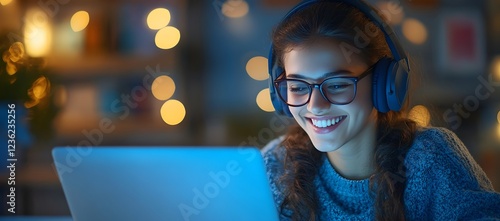 Happy young woman wearing glasses and headphones, smiling while sitting at laptop with blue background. Remote learning, best wishes for schoolwork