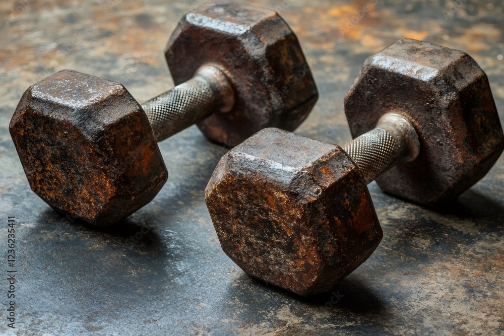 Rusty dumbbells resting on dark metal surface after strength training Rusty dumbbells resting on dark metal surface after strength training