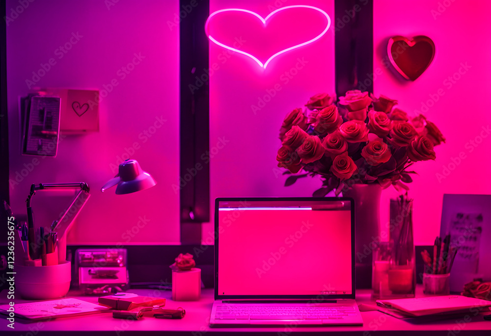Obraz premium A laptop screen showing a Valentine's Day online store with red and pink products, perfect for the holiday.