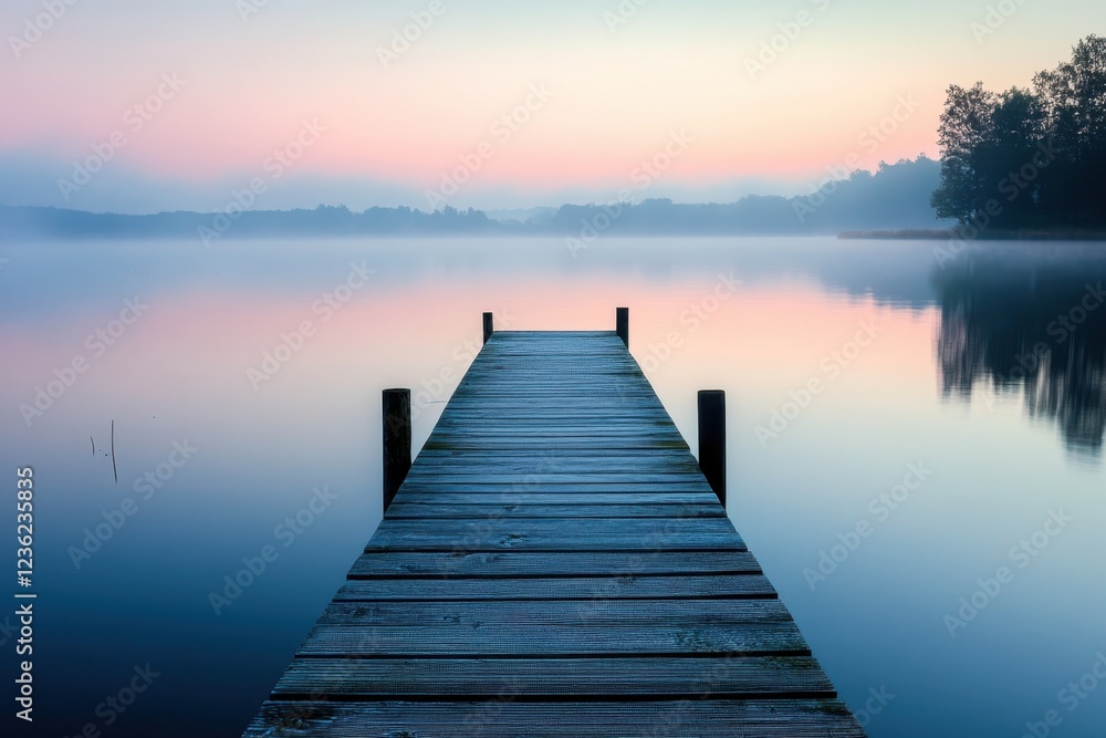 Tranquil wooden pier extending into calm lake at dawn surrounded by mist and trees Tranquil wooden pier extending into calm lake at dawn surrounded by mist and trees
