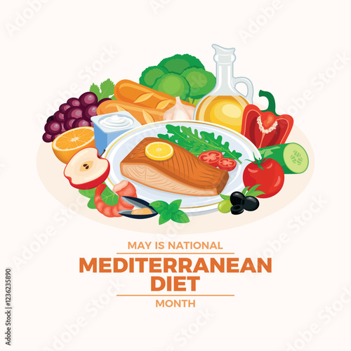 May is National Mediterranean Diet Month poster vector illustration. Fish, seafood, olive oil, fruits and vegetables vector. Pile of healthy fresh food drawing. Template for background, banner, card