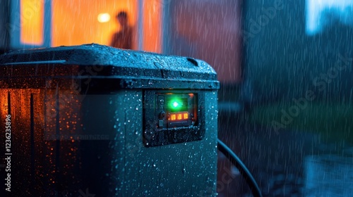 A close-up shot of a portable emergency generator actively supplying power to a home during a storm. Raindrops glisten on the metal casing, and an LED indicator glows green, signaling proper