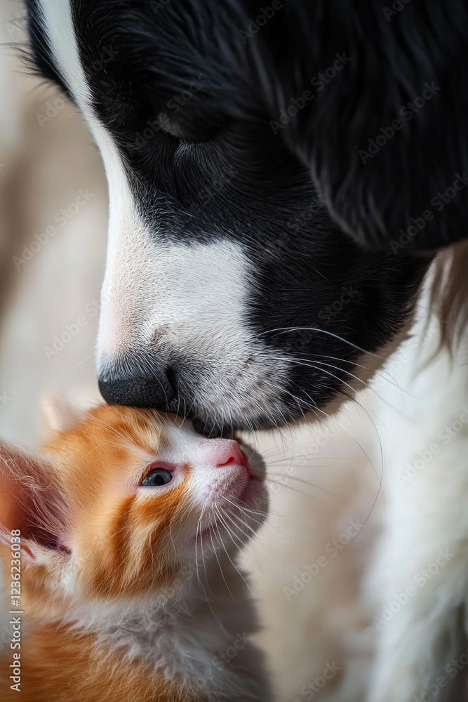 Heartwarming Moment Between a Gentle Dog and an Adorable Orange Kitten Close-Up Heartwarming Moment Between a Gentle Dog and an Adorable Orange Kitten Close-Up