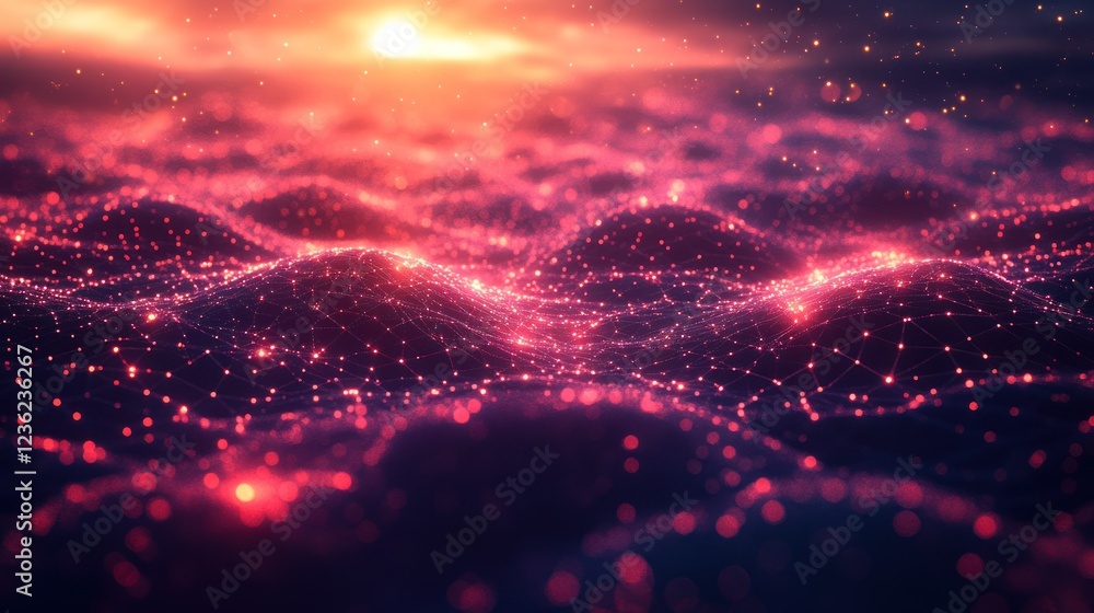 Sunset digital landscape, glowing network, particles, background, abstract Sunset digital landscape, glowing network, particles, background, abstract