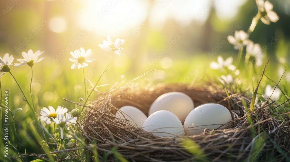 Obraz premium Pastel Easter eggs nestled among spring flowers, radiating warmth and renewal in a serene meadow setting.