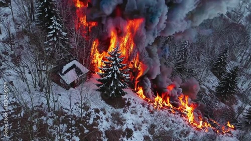 Winter Forest Blaze, Fire Burning a House Amid Snow and Snowy Trees, Generative AI photo