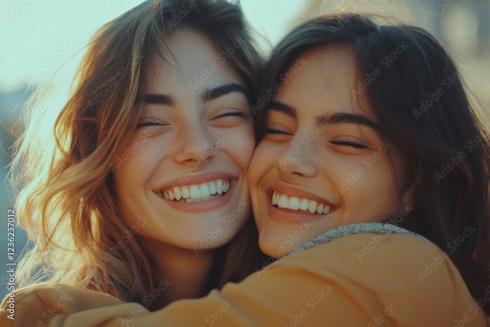 Two happy smiling young women are hugging at golden hour Two happy smiling young women are hugging at golden hour
