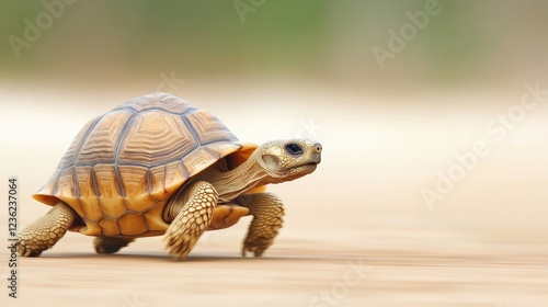 Tiny tortoise scampering over sandy terrain, representing persistent movement and natural determination during early life journey photo