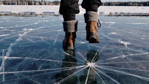 person wearing warm winter boots stepping cautiously on a frozen lake with deep ice cracks, reflecting the beauty and fragility of the icy surface