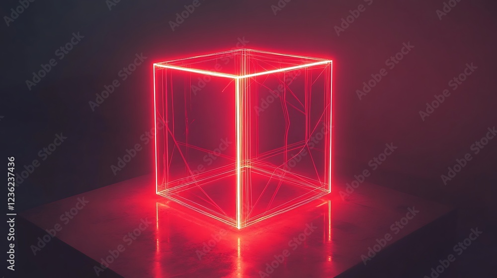 Red Neon Cube Illuminated In Dark Room Red Neon Cube Illuminated In Dark Room