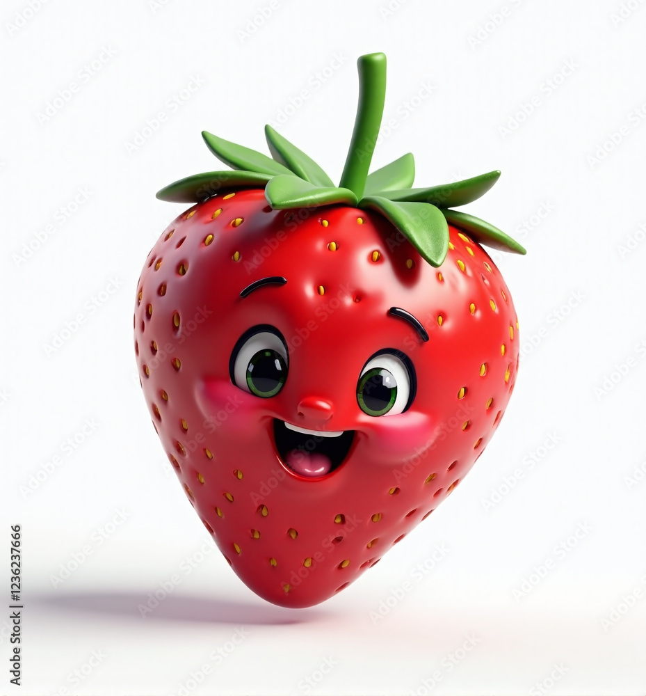 Obraz premium Cute 3D Smiling Strawberry Character, Fun and Colorful Fruit for Kids 