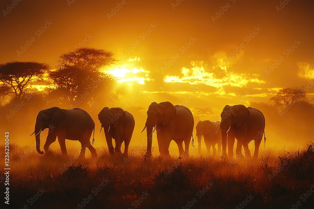 Fototapeta premium African Elephants Silhouetted Against a Sunset Landscape
