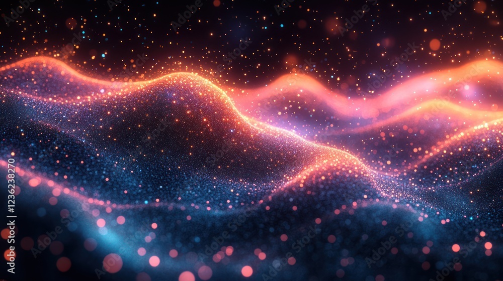Glowing particle waves, dark space, abstract background, digital art, website design Glowing particle waves, dark space, abstract background, digital art, website design