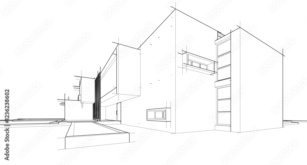 Fototapeta premium 3D architectural wireframe of a modern house with large glass windows, open terrace, and pergola. Ideal for architectural visualization, real estate concepts, and building design presentations.