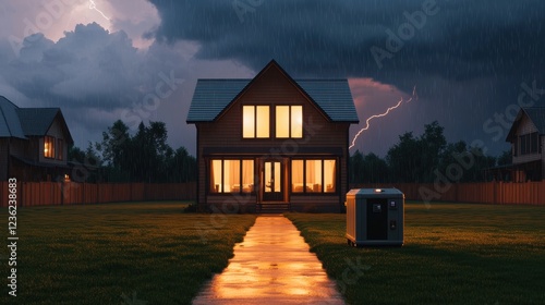 A cozy suburban home illuminated by backup generator power during a stormy evening, warm interior light glowing through large windows, visible generator stationed safely in the yard, storm clouds and