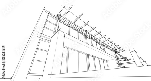 3D architectural wireframe of a modern house with large glass windows, open terrace, and pergola. Ideal for architectural visualization, real estate concepts, and building design presentations.