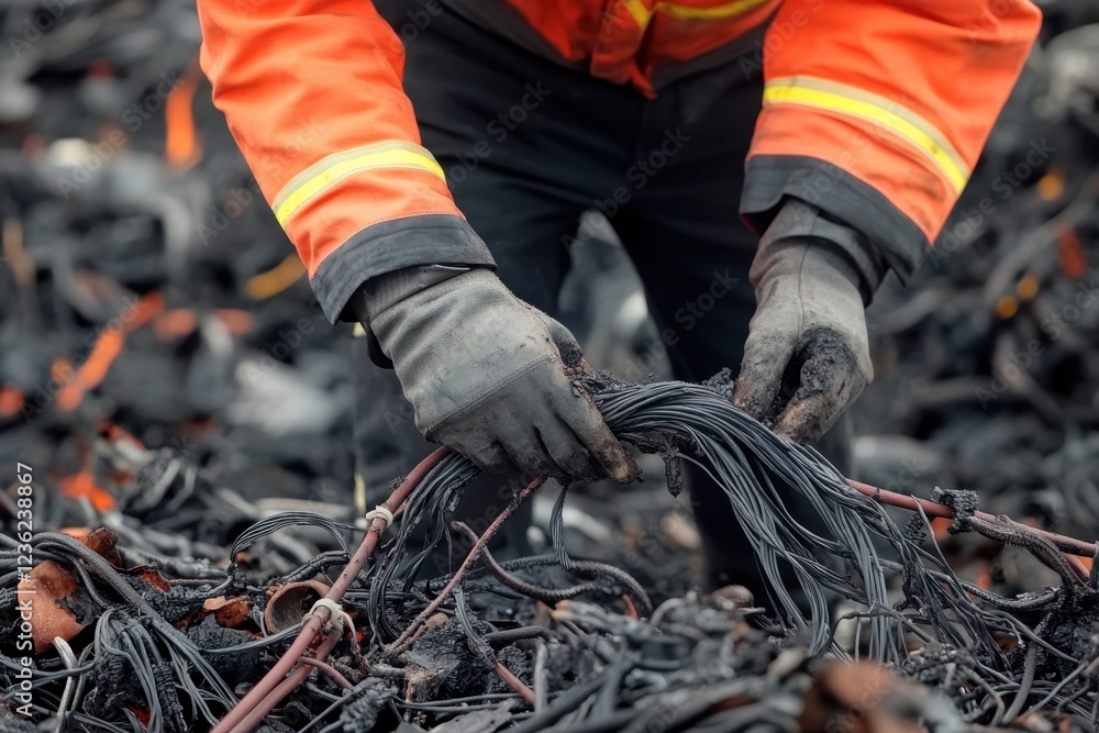 Obraz premium A firefighter in protective gloves examines burnt electrical wires at the scene of a fire.