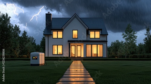 A cozy suburban home illuminated by backup generator power during a stormy evening, warm interior light glowing through large windows, visible generator stationed safely in the yard, storm clouds and
