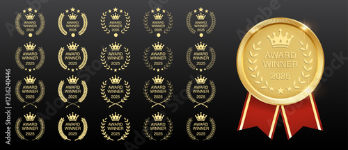 Gold Medal Award Set: First Place Trophy and Ribbon Template with Laurel Wreath - Metal Reward Badges and Certificates for Winners - Vector Illustration.