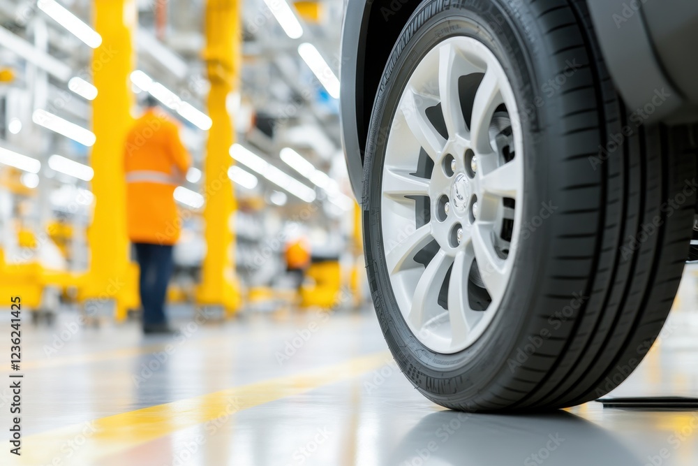 Close-up of a new car tire on a factory floor with a blurred worker in the background. Close-up of a new car tire on a factory floor with a blurred worker in the background.