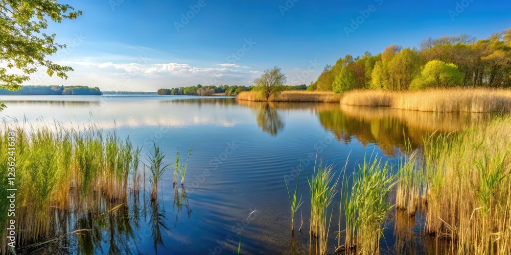 Obraz premium A serene lake shore at Ruhiges Seeufer am Scharm?tzelsee in Brandenburg with dense Schilf vegetation, rural scenery, lake