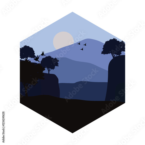 Illustration template design, with natural views of trees, full moon and Rocky Mountains