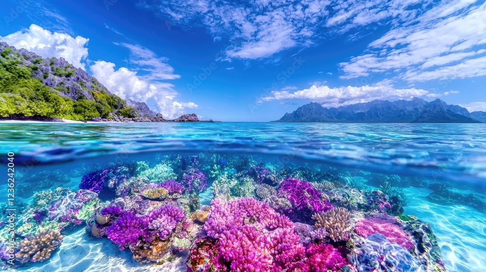 Naklejka premium Tropical island beach vibrant coral reef paradise ocean