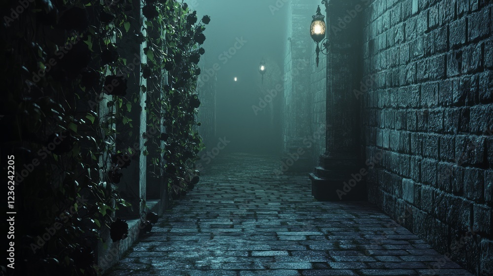 Obraz premium Misty Dark Alleyway with Lanterns Surrounded by Stone Walls