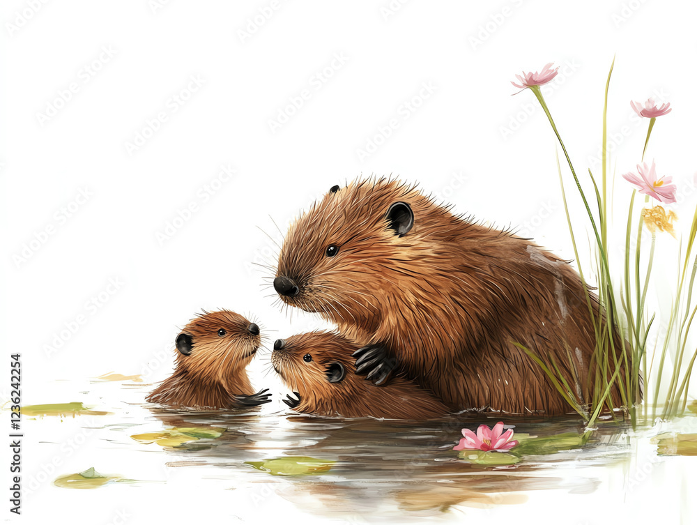 A heartwarming scene of a beaver and its two adorable kits swimming in a serene pond surrounded by lilies. A heartwarming scene of a beaver and its two adorable kits swimming in a serene pond surrounded by lilies.