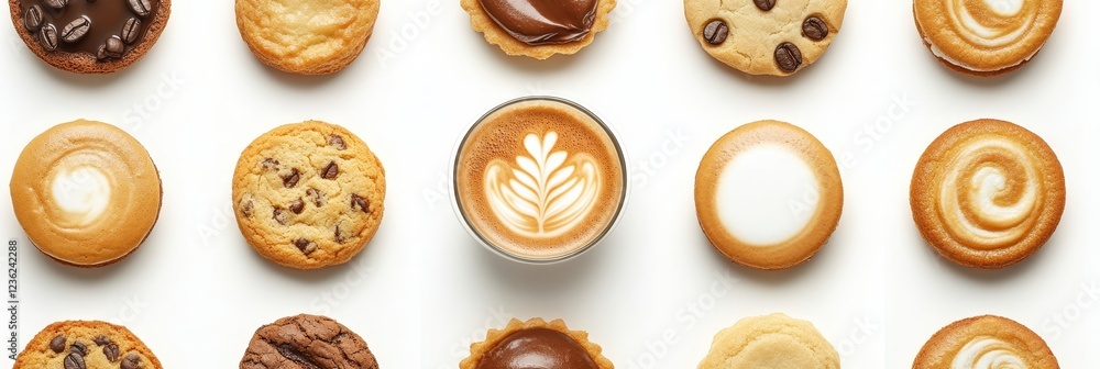 Flat Lay Of Assorted Coffee, Chocolate, And Pastry Treats Isolated On White Background Flat Lay Of Assorted Coffee, Chocolate, And Pastry Treats Isolated On White Background