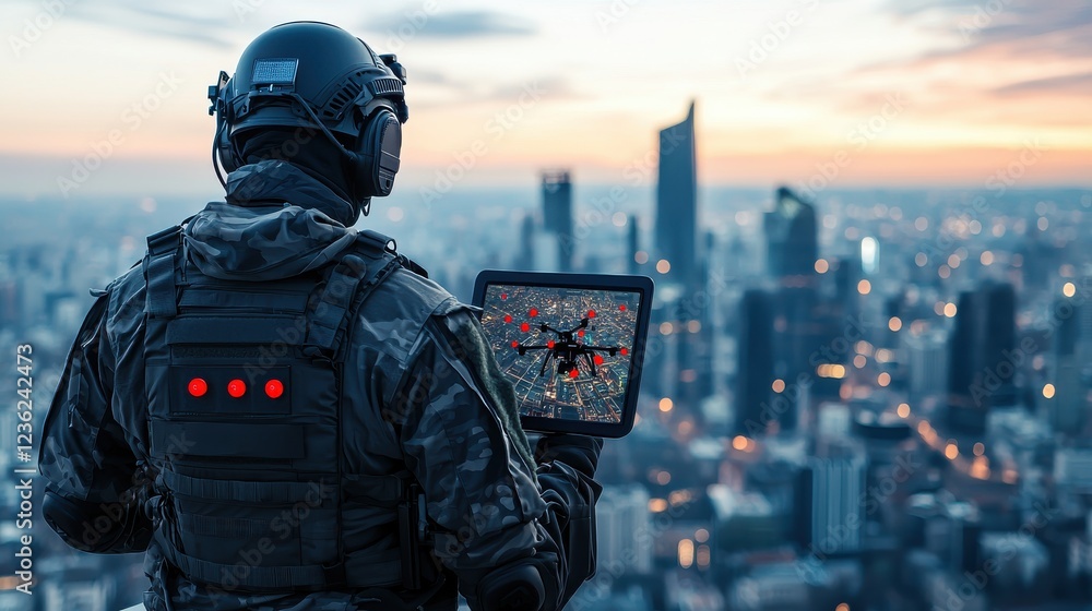 A security operative in tactical gear stands atop a high-rise building, monitoring real-time drone surveillance footage on a rugged touchscreen tablet. The display shows an aerial view of a large A security operative in tactical gear stands atop a high-rise building, monitoring real-time drone surveillance footage on a rugged touchscreen tablet. The display shows an aerial view of a large