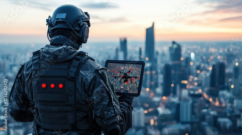 A security operative in tactical gear stands atop a high-rise building, monitoring real-time drone surveillance footage on a rugged touchscreen tablet. The display shows an aerial view of a large