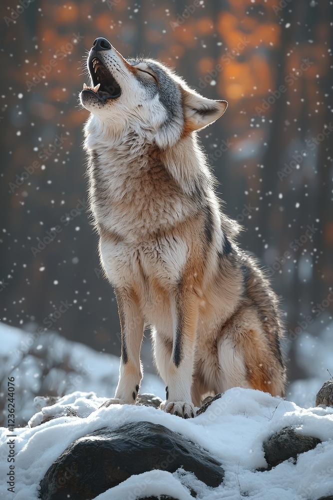 Fototapeta premium Majestic Wolf Howling in Winter Snow