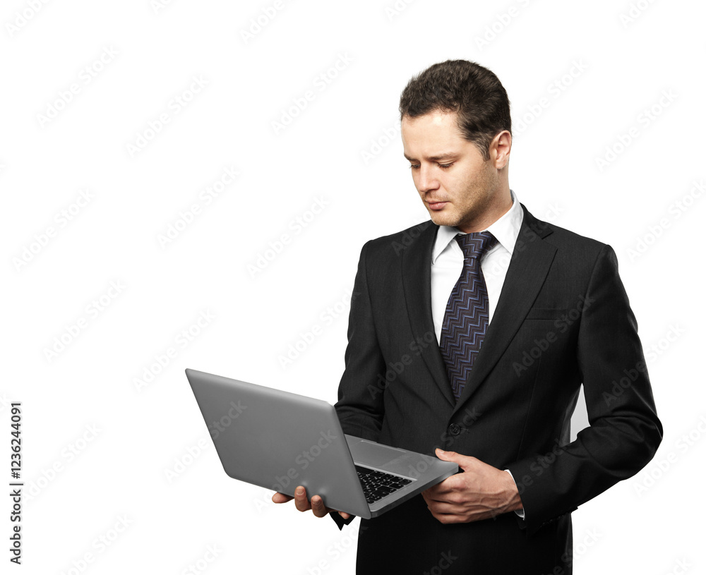 Professional man in suit holding and looking at laptop. Isolated style on white background. Concept of business, technology, and communication Professional man in suit holding and looking at laptop. Isolated style on white background. Concept of business, technology, and communication