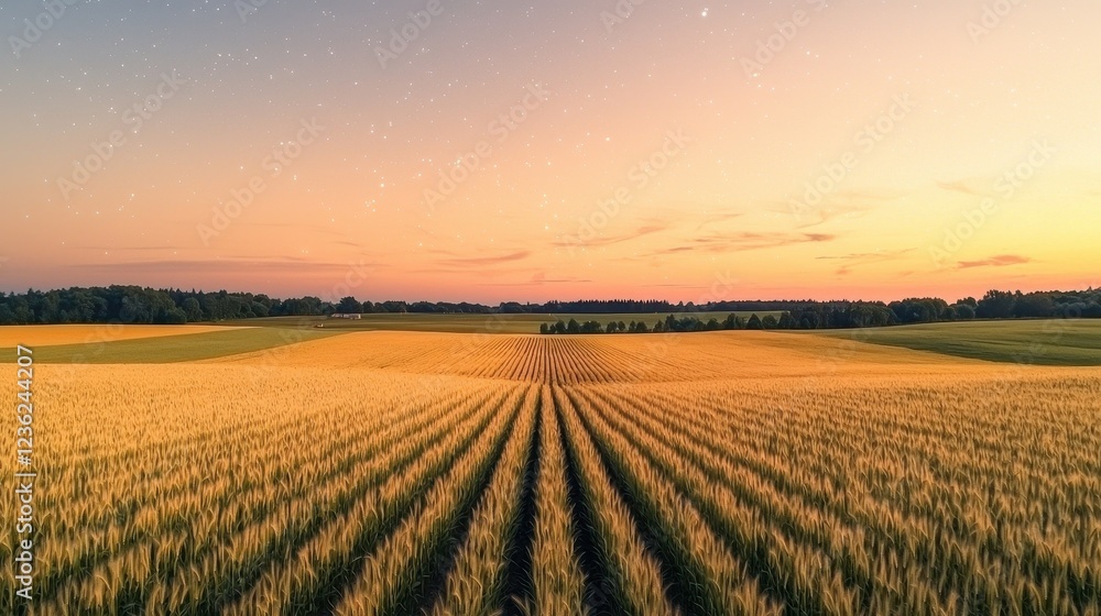 Golden Fields of Wheat Under a Gentle Sunset Sky in Rural Landscape Golden Fields of Wheat Under a Gentle Sunset Sky in Rural Landscape