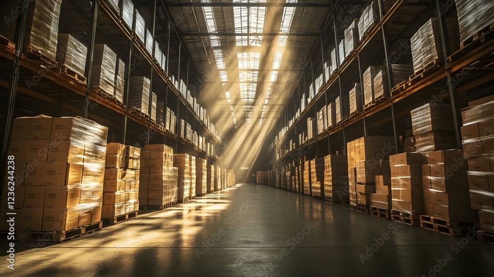 A warehouse with many boxes stacked on top of each other