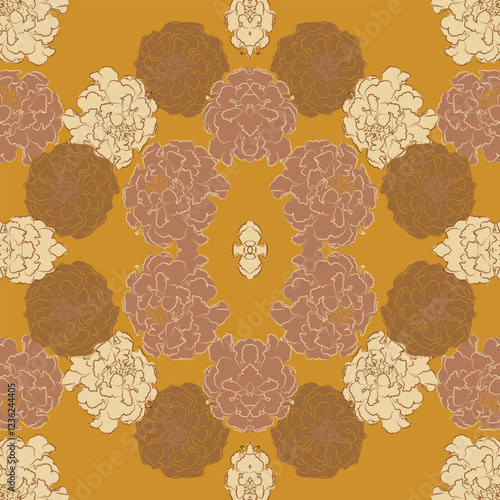 stylized floral pattern with marigold flowers. Contour pattern, floral seamless background for wallpaper prints in orange. Vintage print. Seamless vector texture.