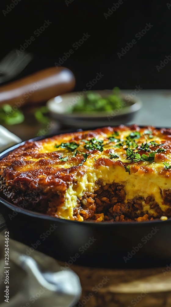 A delicious layered dish with a golden crust, showcasing a savory filling and garnished with herbs. A delicious layered dish with a golden crust, showcasing a savory filling and garnished with herbs.