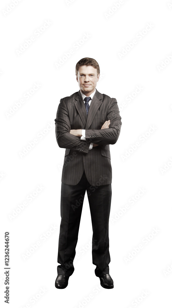 Confident businessman in a pinstriped suit posing with arms crossed, isolated on a clean white background. Professional corporate concept Confident businessman in a pinstriped suit posing with arms crossed, isolated on a clean white background. Professional corporate concept